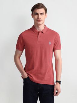 U.S. POLO ASSN. - Solid/Plain Pink Half Sleeves Collar Neck Polo T-Shirt