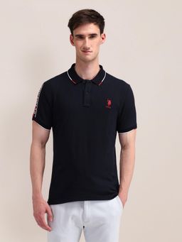 U.S. POLO ASSN. - Solid/Plain Navy Blue Half Sleeves Collar Neck Polo T-Shirt