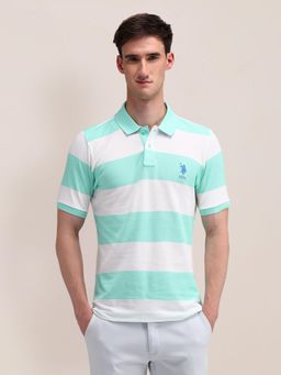 U.S. POLO ASSN. - Stripes Green Half Sleeves Collar Neck Polo T-Shirt