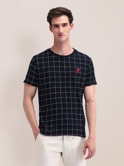 U.S. POLO ASSN. - Checks Blue Half Sleeves Round Neck T-Shirt