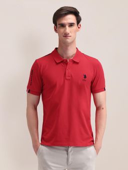 U.S. POLO ASSN. - Solid/Plain Red Half Sleeves Collar Neck Polo T-Shirt