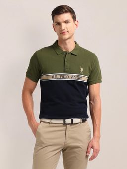 U.S. POLO ASSN. - Color Block Green Half Sleeves Collar Neck Polo T-Shirt