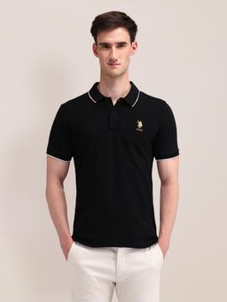 U.S. POLO ASSN. - Solid/Plain Black Half Sleeves Collar Neck Polo T-Shirt