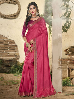 Odette - Pink Vichitra Solid Pattern Saree with Unstitched Blouse