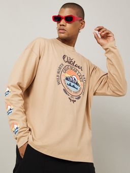 Styli - Beige Long Sleeve Oversized T-Shirt with Front Sleeve Print Detail