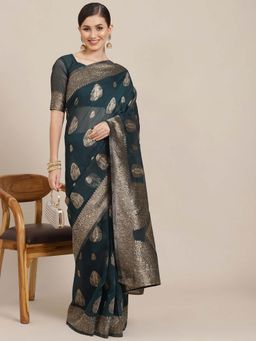 Sareemall - Women Cotton Blend Teal Blue Designer Saree with Unstitched Blouse