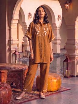 House of Fett - Tan Caramel Leather Patchwork Embroidered Co-Ord Set
