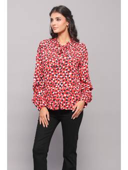 June 9 Clothing - Red Tie-Up Neck Shirt In Abstract Dot Print
