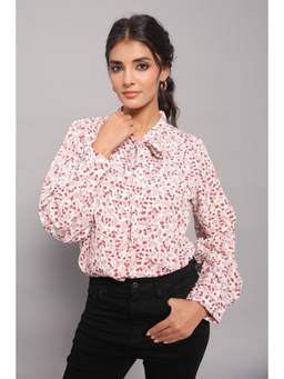June 9 Clothing - White Tie-Up Neck Shirt Inditsy Floral Print