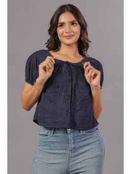 June 9 Clothing - Navy Blue Tie-Neck Button Down Top