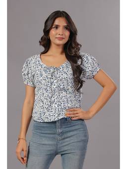 June 9 Clothing - White Ditsy Floral Tie-Neck Button Down Top