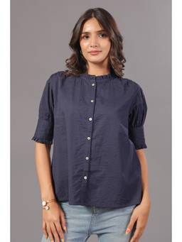 June 9 Clothing - Seersucker Navy Blue Frilled Shirt