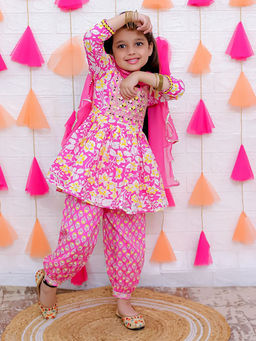 Aatya Kiids - Girls Pink Cotton Kurta with Afghani Salwar and Dupatta (Set of 3)