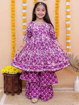 Aatya Kiids - Girls Purple Cotton Printed Kurta and Sharara (Set of 2)