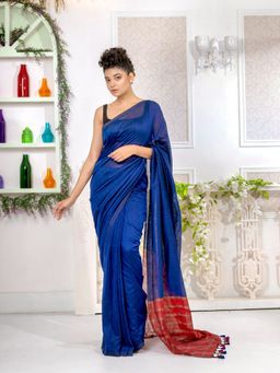 CHARUKRITI - Navy Blue Pure Cotton Handwoven Soft Saree with Red Pallu with Unstitched Blouse