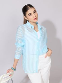 SHOWOFFFF - Women Blue Crepe Full Sleeves Shirt