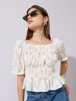 SHOWOFFFF - Women Green Cotton Blend Half Sleeves Top