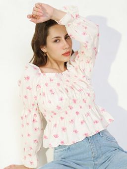 SHOWOFFFF - Women Cream Cotton Blend Full Sleeves Top