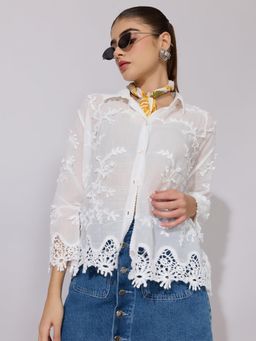 SHOWOFFFF - Women White Cotton Blend Three Fourth Sleeves Shirt