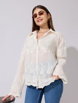 SHOWOFFFF - Women Cream Cotton Full Sleeves Shirt