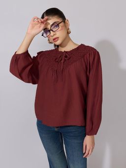 SHOWOFFFF - Women Maroon Cotton Full Sleeves Top
