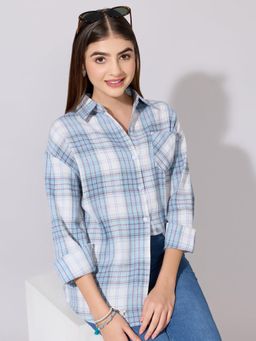 SHOWOFFFF - Women Blue Cotton Full Sleeves Shirt