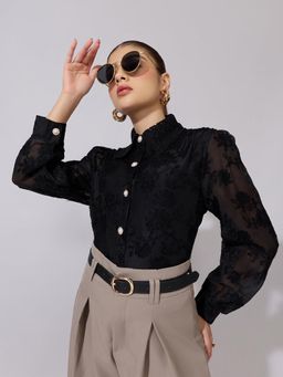 SHOWOFFFF - Women Black Cotton Full Sleeves Shirt