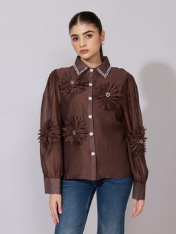 SHOWOFFFF - Women Brown Crepe Full Sleeves Shirt