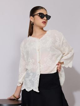 SHOWOFFFF - Women Cream Cotton Three Fourth Sleeves Shirt
