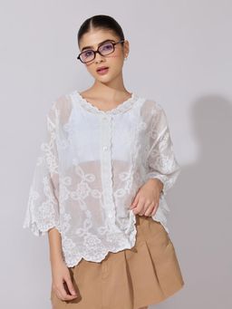 SHOWOFFFF - Women White Cotton Three Fourth Sleeves Shirt