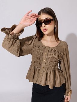 SHOWOFFFF - Women Khaki Cotton Blend Full Sleeves Top