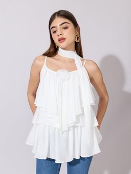 SHOWOFFFF - Women White Cotton Sleeveless Top and Neck Tie with Flower Brooch