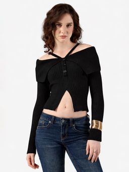 SHOWOFFFF - Women Black Acrylic Full Sleeves Top