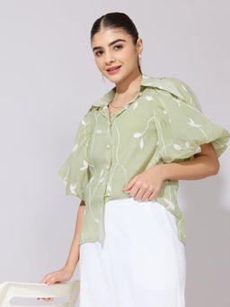 SHOWOFFFF - Women Green Crepe Half Sleeves Shirt with Inner Top