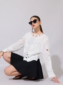 SHOWOFFFF - Women White Cotton Full Sleeves Top