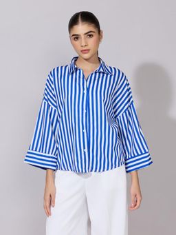 SHOWOFFFF - Women Blue Nylon Three Fourth Sleeves Shirt