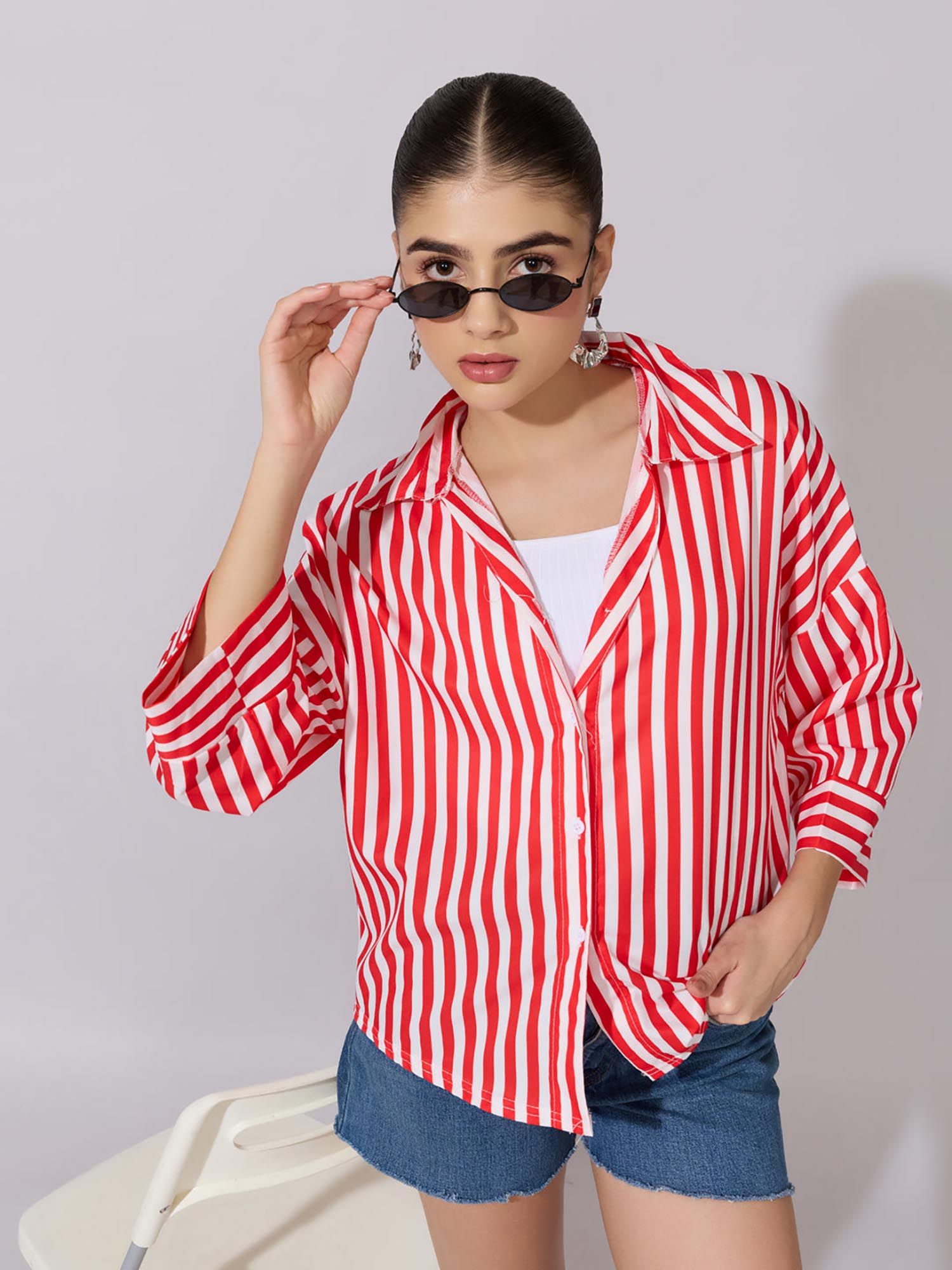 showoffff Women Red Nylon Three Fourth Sleeves Shirt-picture-16