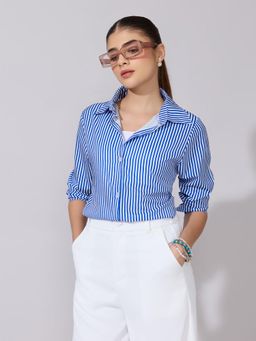 SHOWOFFFF - Women Blue Nylon Full Sleeves Shirt