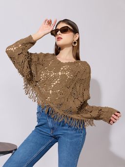 SHOWOFFFF - Women Brown Acrylic Full Sleeves Top