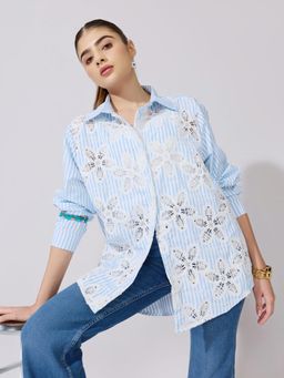 SHOWOFFFF - Women Blue Cotton Full Sleeves Shirt