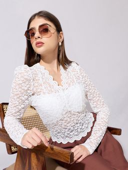 SHOWOFFFF - Women White Velvet Full Sleeves Top