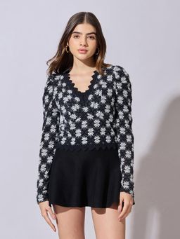 SHOWOFFFF - Women Black Acrylic Full Sleeves Top