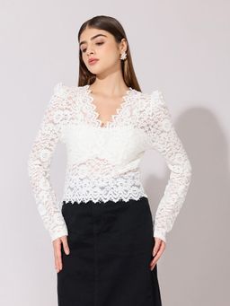 SHOWOFFFF - Women White Velvet Full Sleeves Top