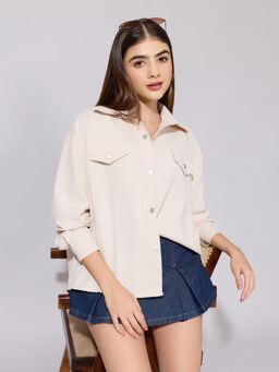 SHOWOFFFF - Women Beige Cotton Blend Full Sleeves Shirt