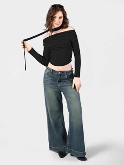 SHOWOFFFF - Women Black Cotton Blend Full Sleeves Crop Top with Neck Tie