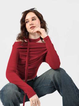 SHOWOFFFF - Women Red Cotton Blend Full Sleeves Crop Top with Neck Tie