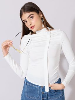 SHOWOFFFF - Women White Cotton Blend Full Sleeves Top with Neck Tie