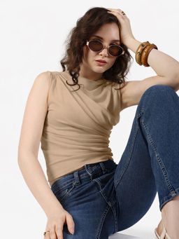 SHOWOFFFF - Women Beige Cotton Blend Sleeveless Top