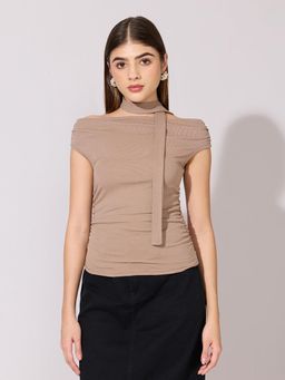SHOWOFFFF - Women Beige Cotton Blend Half Sleeves Top with Neck Tie