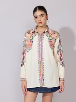 SHOWOFFFF - Women Cream Cotton Blend Full Sleeves Shirt